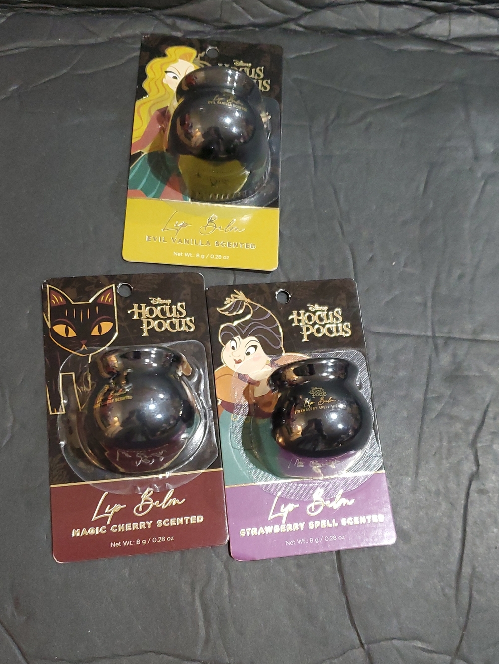 Disney's hocus pocus 3pack strawberry spell, evil vanilla magic cherry lip balms